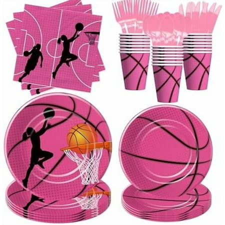 Basketball Party Decorations Tableware Girls, Basketball Birthday Party Supplies, Paper Plate, Cup, Napkin, Cutlery, Pink Sports Theme Birthday Baby Shower Decorations, Serve 24