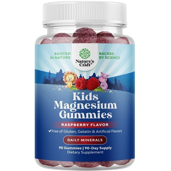 Natures Craft Kids Calm Magnesium Gummies for Nerve, Muscle, and Heart Support, Raspberry, 90 Count