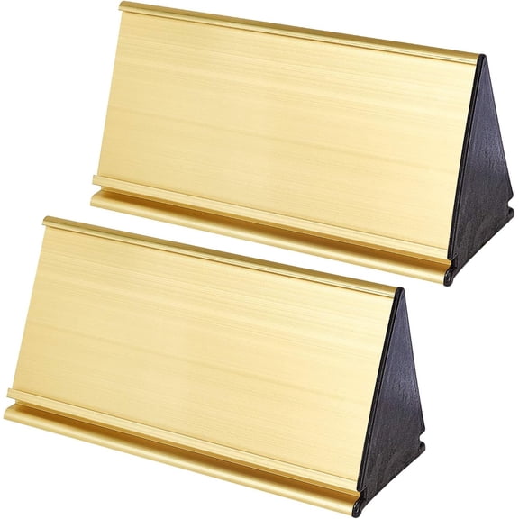 2 Sets Metal Name Plate Holder 8.4x20cm Double Sided Triangle Aluminum Alloy Golden Name Display Stand for Office Business Desk Sign Plaque Making for DIY