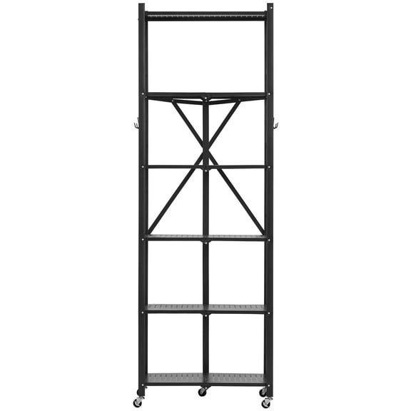 KFFKFF 6-Tier Foldable Storage Shelf, 24W x 12D x 72H Inch Metal Rack Shelving Unit, Durable Organizer with Wheels & Hooks for Pantry, Kitchen, Garage, Basement, Black