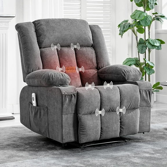 Large Recliner Chair, Manual Reclining Sofa with Massage and Heat, Comfy Sofa Chair with 3 Positions, 2 Side Pockets