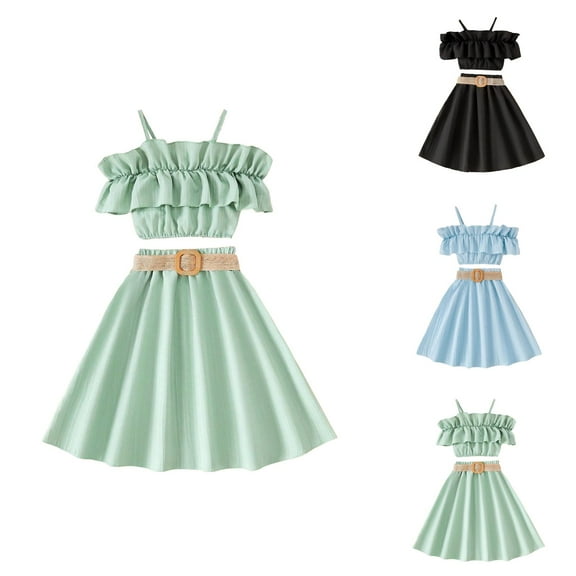 Girls Outfit Sets Girls Set Toddler Girls Summer Sleeveless Solid Color Ruffles Tops Skirt With Belt 3PCS Outfits Clothes Set For Children Clothes