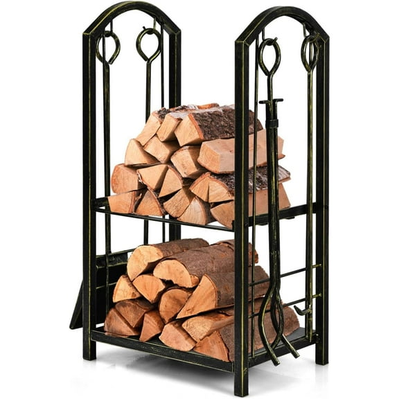 Wubio Firewood Rack with Tools, 5-Piece Indoor Outdoor Log Storage Holder Set w/ 4 Hooks, Fire Wood Stand with Fireplace Broom, Poker, Tongs & Shovel (Copper)
