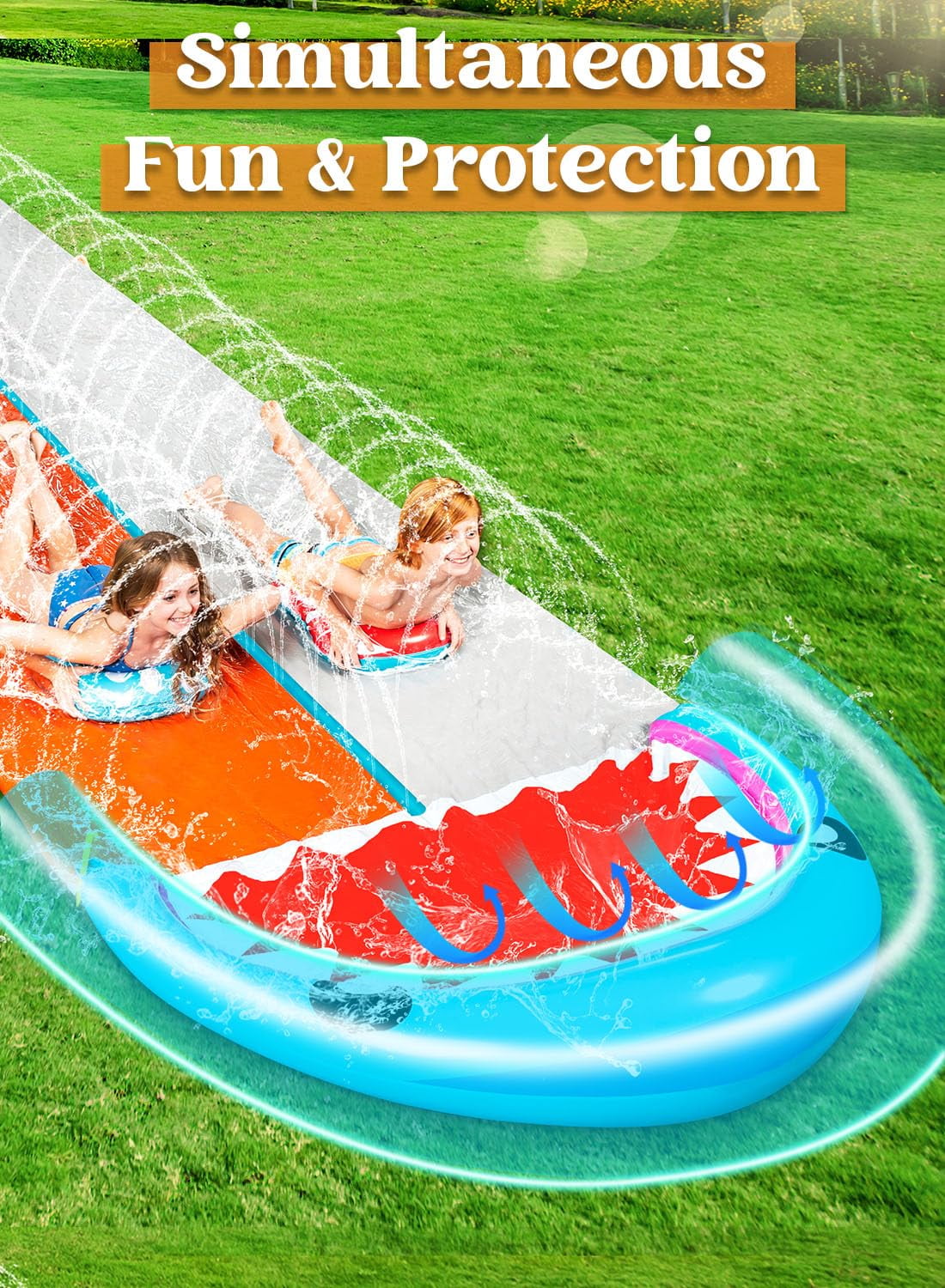 Joyfy Water Slides with 2 Inflatable Boards, 22.5ft Backyard Outdoor Lawn Slip Waterslide with Sprinklers Summer Toy, Shark