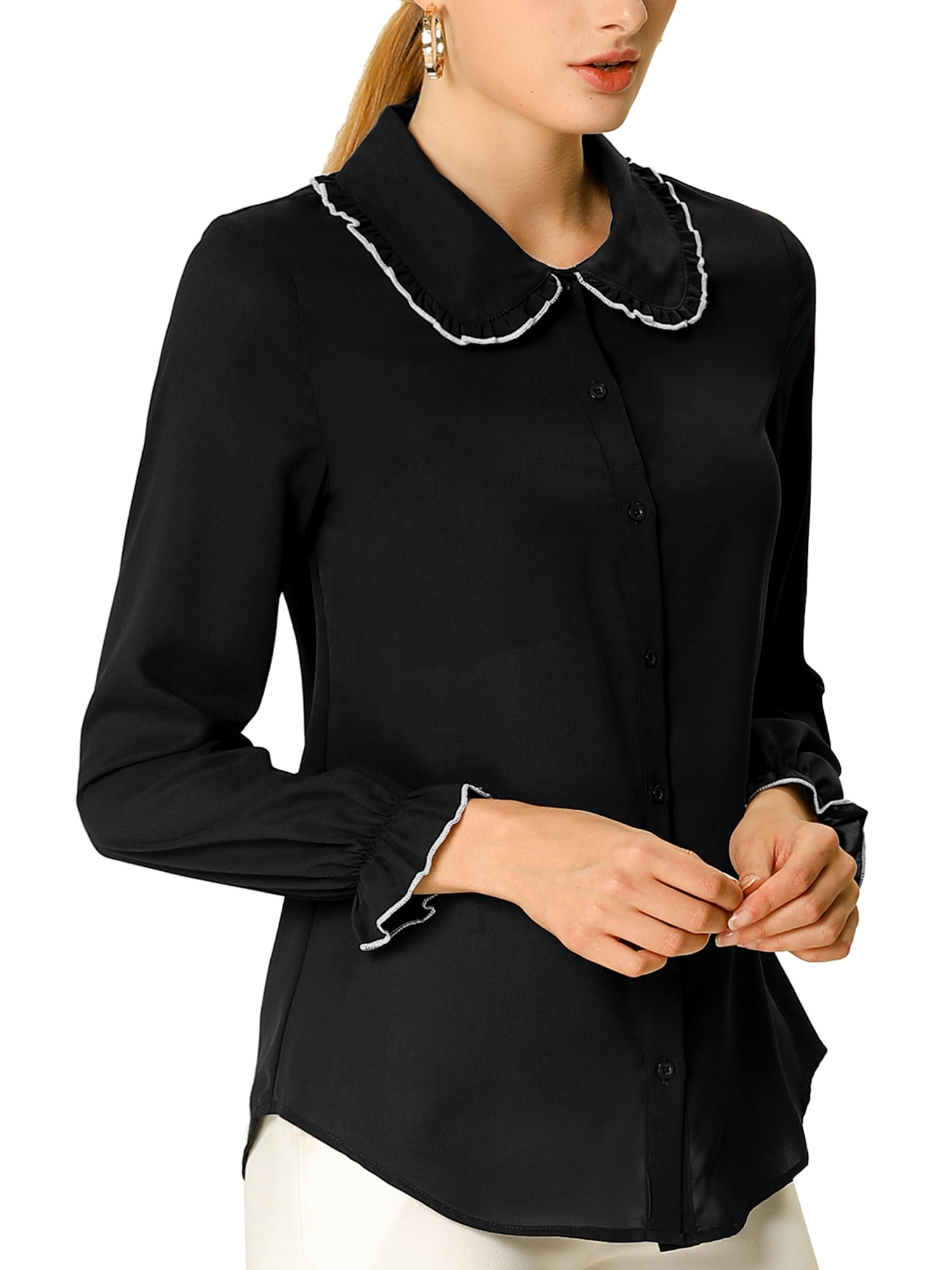 DARING DIVA Women's Peter Pan Collar Ruffle Long Sleeve Shirt M Black
