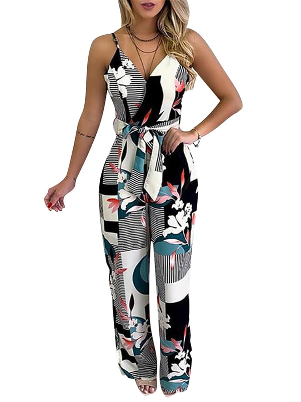 Women Jumpsuits Bohemia Casual Off Shoulder Floral Printed V-Neck Backless Wide Leg Pants Playsuit Rompers