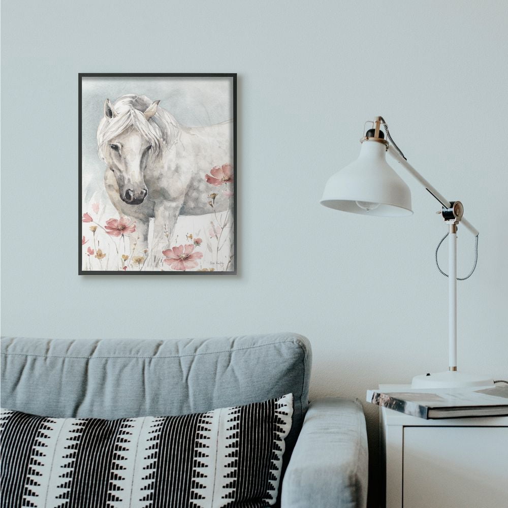 Stupell Industries Beautiful Horse Pink Flower Animal Watercolor Painting Framed Giclee Texturized Art by Lisa Audit