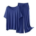 thumbnail image 1 of Womens Modal Pajamas Two Piece Sleepwear Set Short Sleeve Tops Long Wide Leg Pants Fall Summer Pjs Pajamas Blue, L, 1 of 3