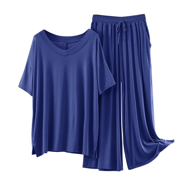 Womens Modal Pajamas Two Piece Sleepwear Set Short Sleeve Tops Long Wide Leg Pants Fall Summer Pjs Pajamas Blue, L