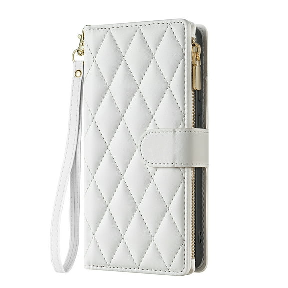 for Samsung Galaxy Z Fold 6 Wallet Phone case with Card Holder,Kickstand RFID Blocking PU Leather Flip Shockproof Phone Cover with Hand Strap Zipper Credit Card Holder Slots for Women Men,White