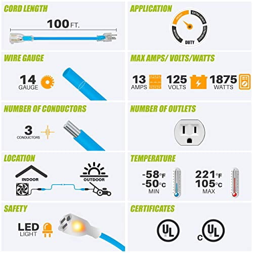 GEARit 14/3 Outdoor Extension Cord 100 Ft, SJEOW Extreme Heavy Duty for Cold Weather Indoor/Outdoor - Lighted LED Plug