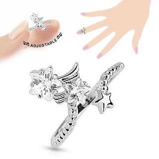 Rhodium Plated Brass Ring - Star Multi-Paved Gems Adjustable Rhodium Plated Brass Nail RIng