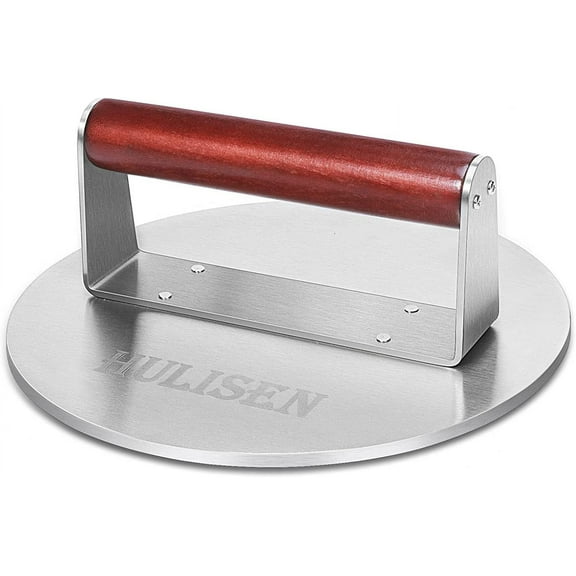 HULISEN 8.5-Inch Burger Press, 2.5 lbs Heavy Duty Bacon & Grill Press, Stainless Steel Smashed Burger Press, Round Smasher with Wood Handle, BBQ Griddle Accessories for Hamburger, Steak, Meat