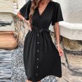 thumbnail image 5 of Bigersell Womens Summer Midi Dress Wrap V-Neck Short Sleeve Casual Loose Button-Down Dress with Belt Pleated A-Line Cocktail Party Swing Sundress Business Dresses, Black S, 5 of 6