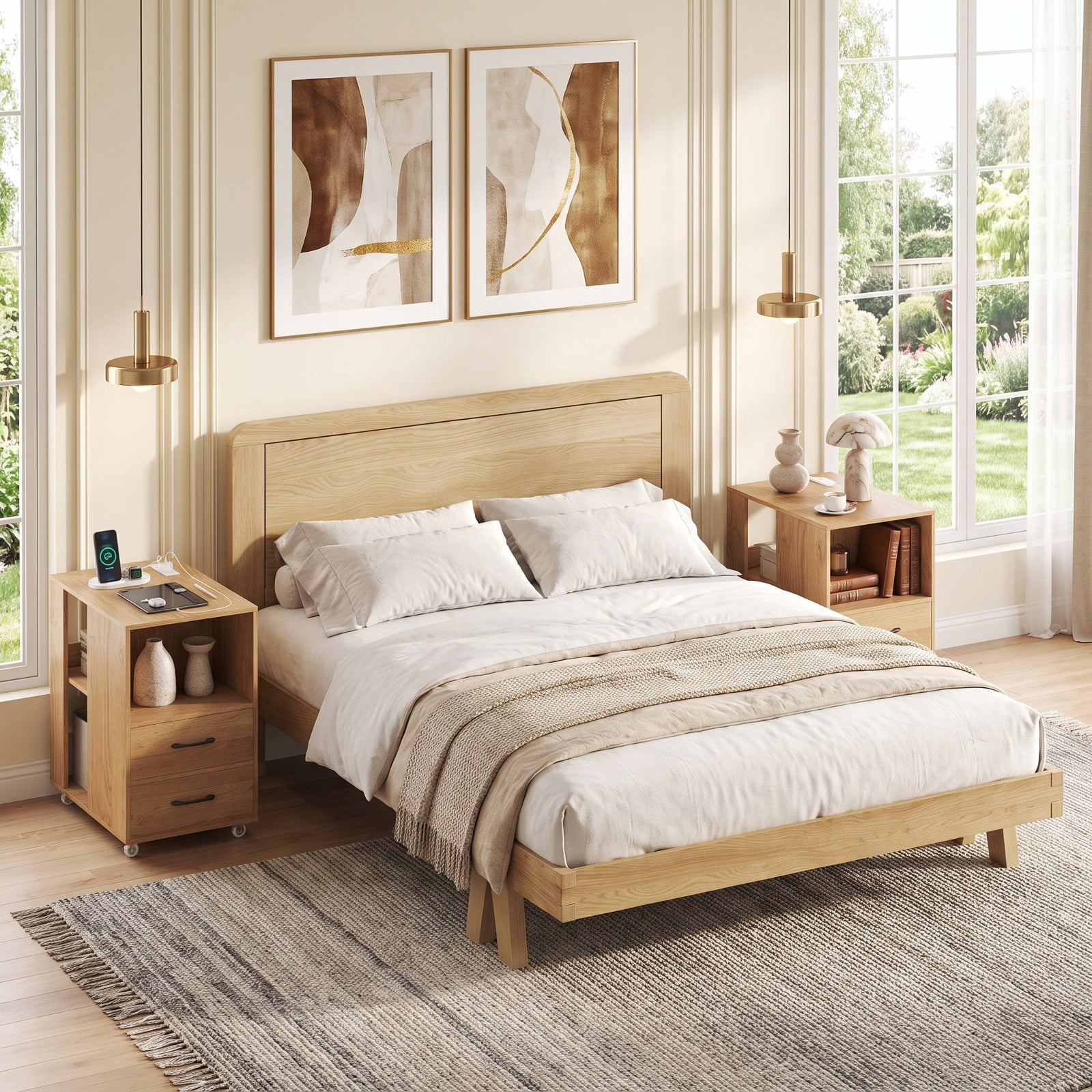 Furnibear Mobile Bedside Table with Charging Station 2 Drawers and Open Shelves End Table on Wheels for Bedroom Sofa Side, Natural