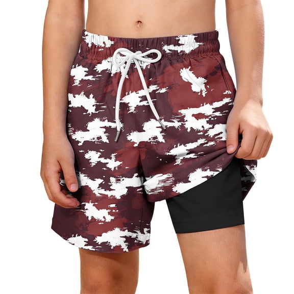 SERTG Boys Print Swim Trunks with Double Layers and Pockets Adjustable Beach Shorts for Kids Fun Pool Shorts