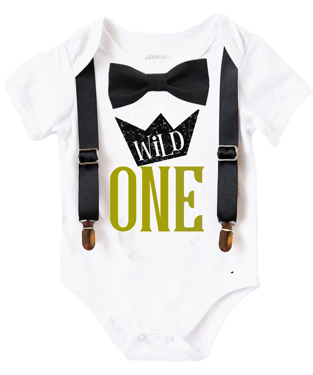 Wild One Boys First Birthday Shirt Outfit Boy with Black Bow Tie Black Suspenders and  Gold  Saying Cake Smash 1st Birthday Party Noah's BoytiqueNoah's Boytique 6-12  Months - image 2 of 5