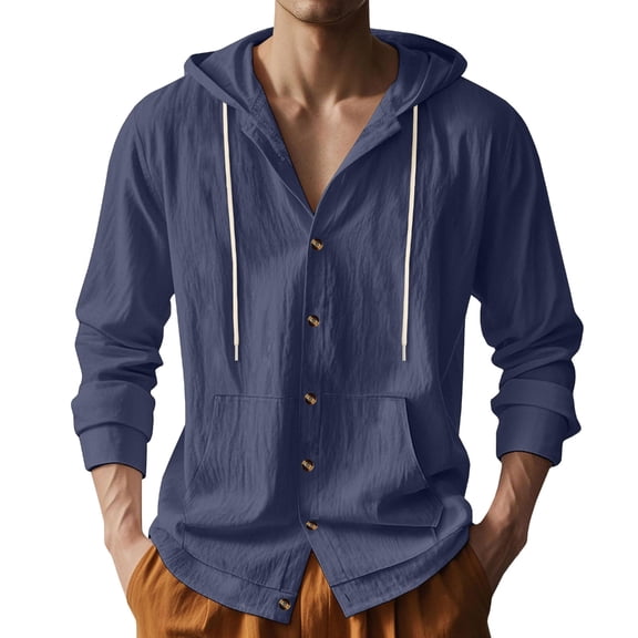 Mens Cotton Linen Long Sleeve Button Down Shirts with Pockets Casual Shirts Fashion Hoodies