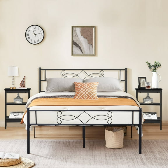 VECELO 3-piece Bedroom Set, Queen Bed Frame with Headboard, Nightstand Set of 2 with 3-tier Open Storage Shelf, Black