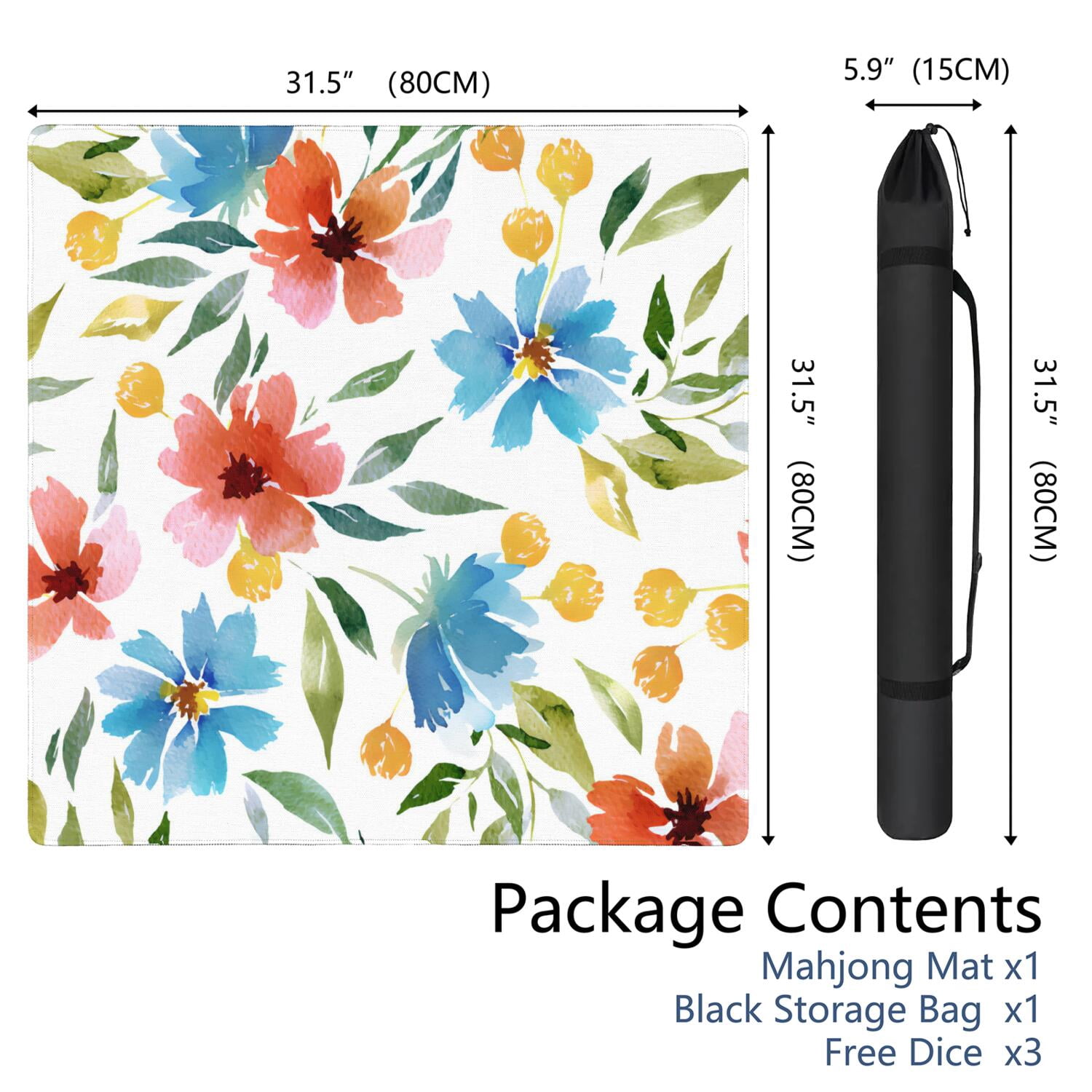 Decorative Floral Design Non-Slip Playing Surface, 31.5 Inch Square Rubber Mat for Mahjong Tables Reduces Tile Noise, Ideal for Cards and Board Games