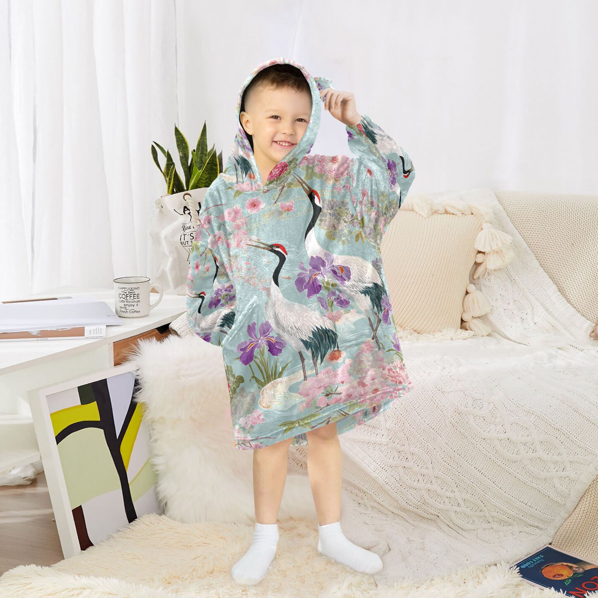 FORMRS Wearable Blanket Hoodie with Sleeves for Kids Cozy Flannel Sweatshirt, Green Floral Cranes Pattern