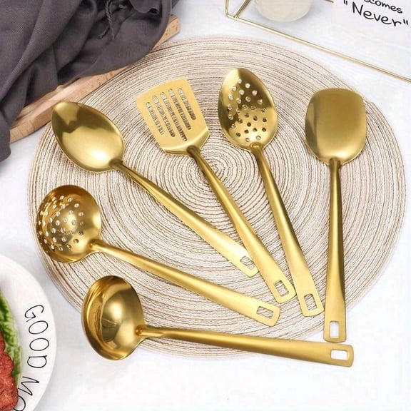 Stainless Steel Kitchen Utensil Set 6pcs Gold-Plated Long Metal Cooking Utensil Gadgets with Spatula, Ladle, Spoon, Skimmer(Golden)
