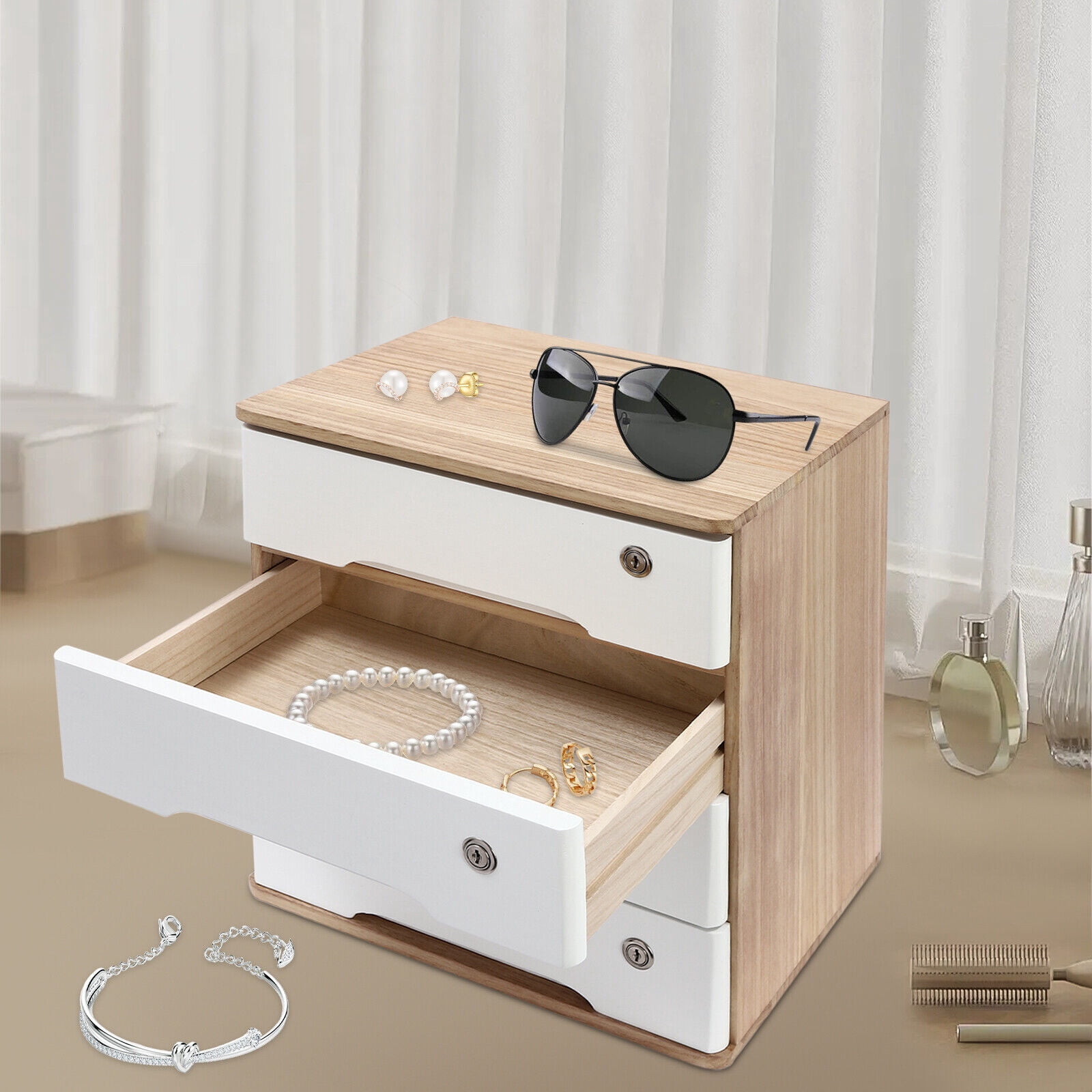 Wooden Desktop Storage Cabinet Desk Organizer Desktop Storage Box with Lockable