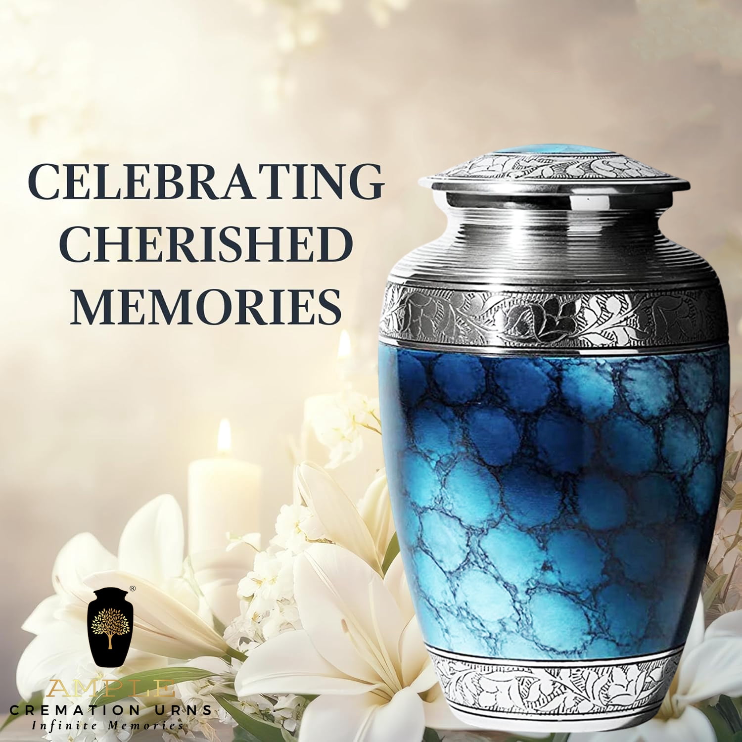 Blue Urn Handmade Aluminium Cremation Urn 10 Inch Memorial Urn for Human Ashes, Decorative urn Delivery in 2 days