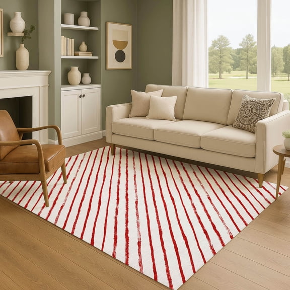 Addison Rugs Mayfield Premium Machine Washable Transitional Holiday Stripe Red Rectangle Rug, 10' x 14'