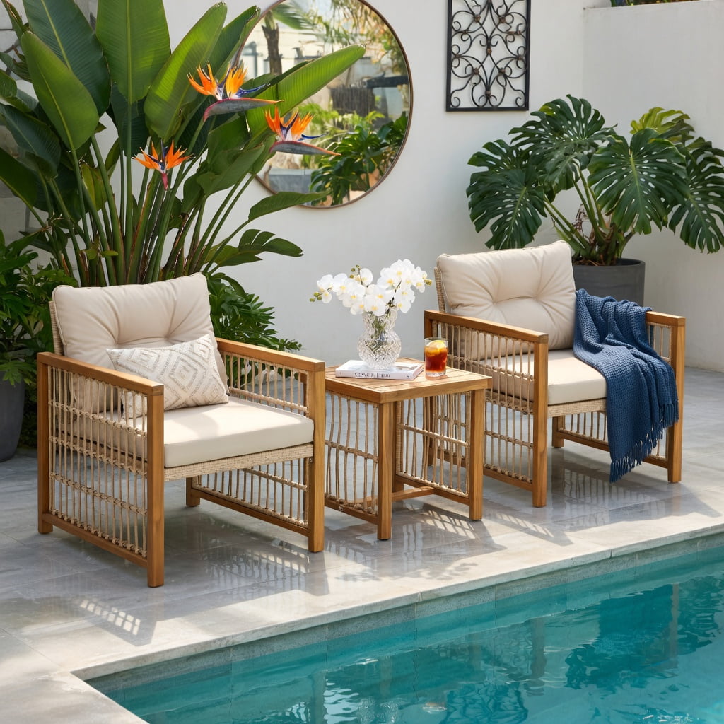Hommoo 3-Piece Outdoor PE Wicker Patio Furniture Set, Cushioned Acacia Wood Conversation Set with Square Coffee Table & Ergonomic Chairs, Brown