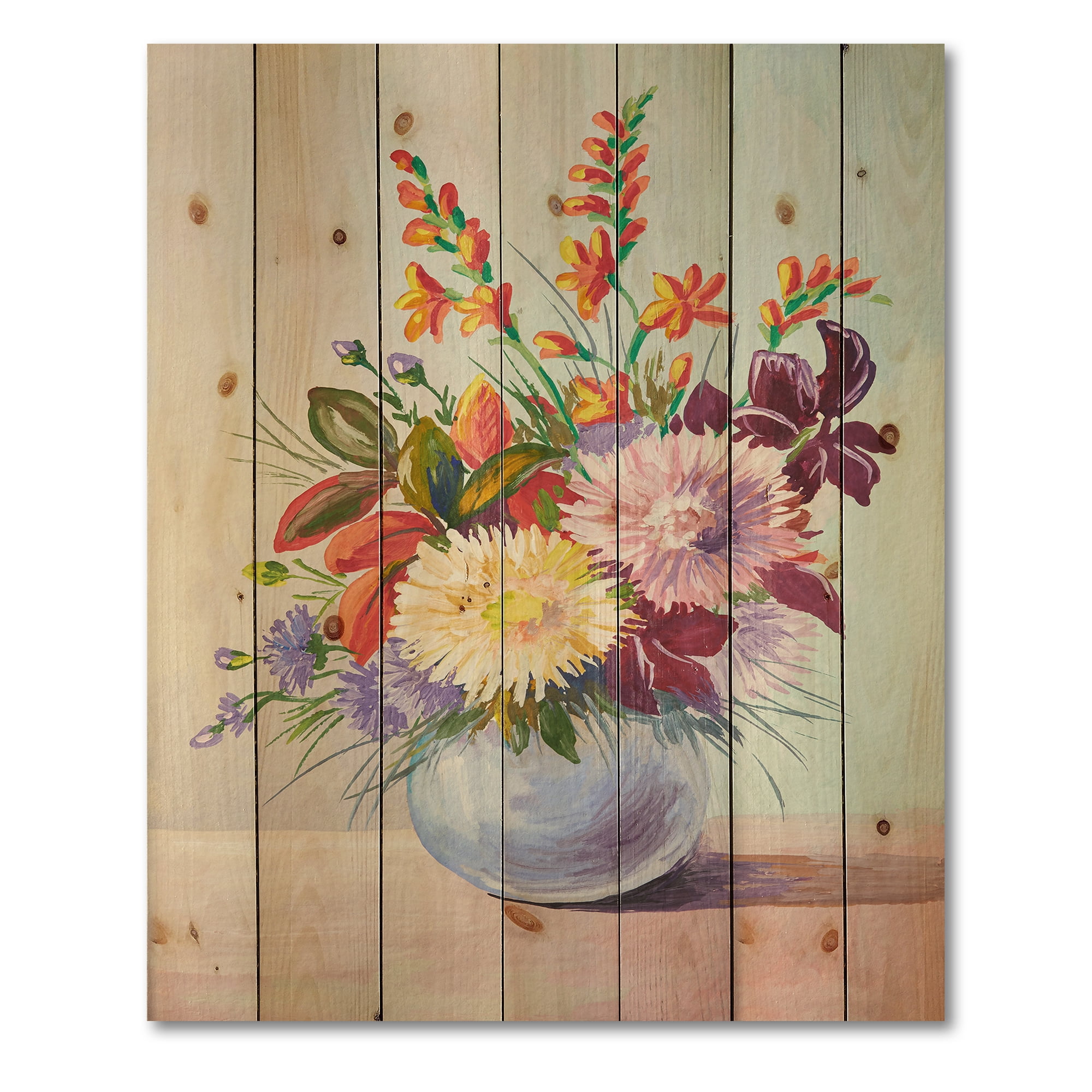 Designart 'Still Life With Asters On Colorful Flowers In Vase' Traditional Print on Natural Pine Wood