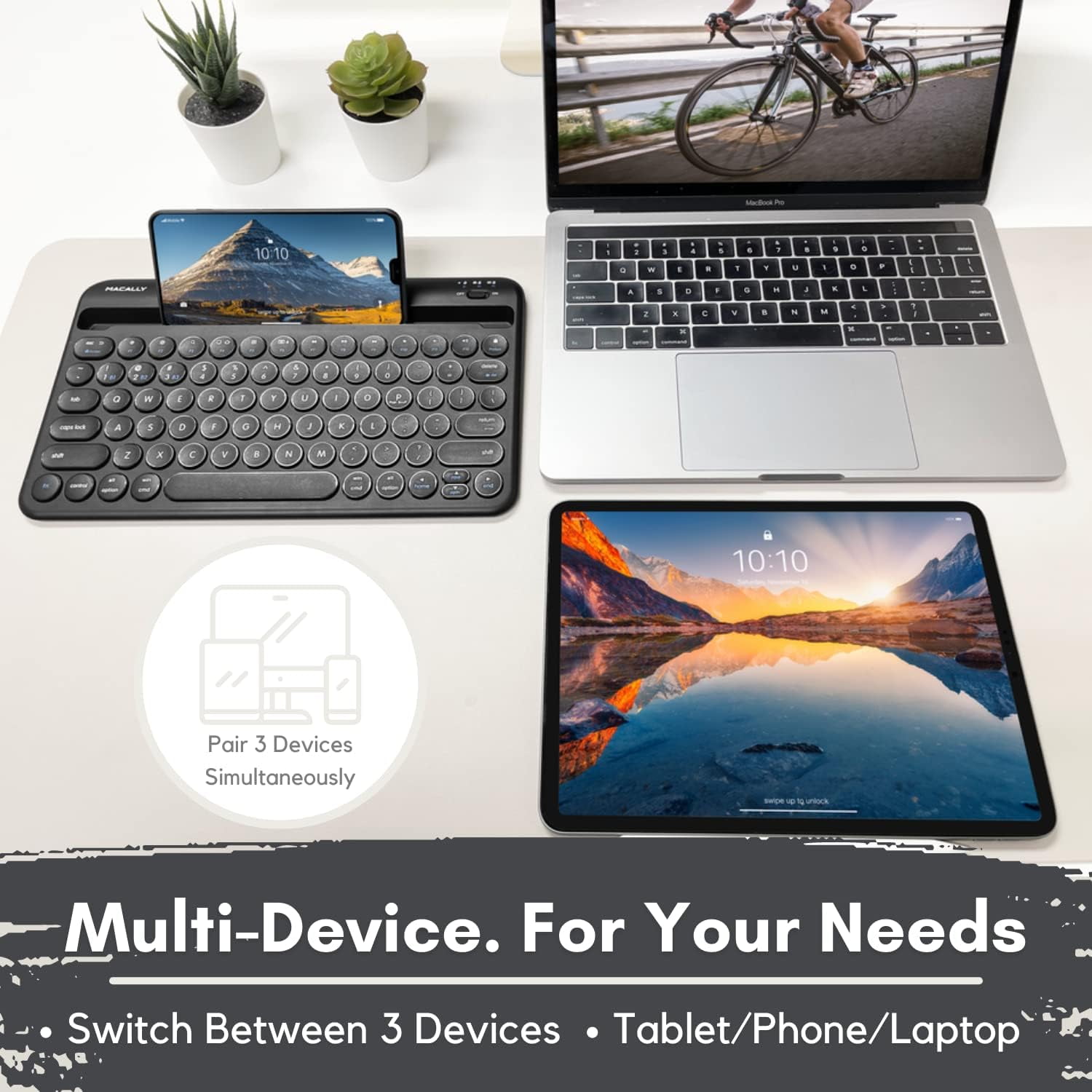 Macally Multi Device Rechargeable Compact Wireless Bluetooth Keyboard, Black