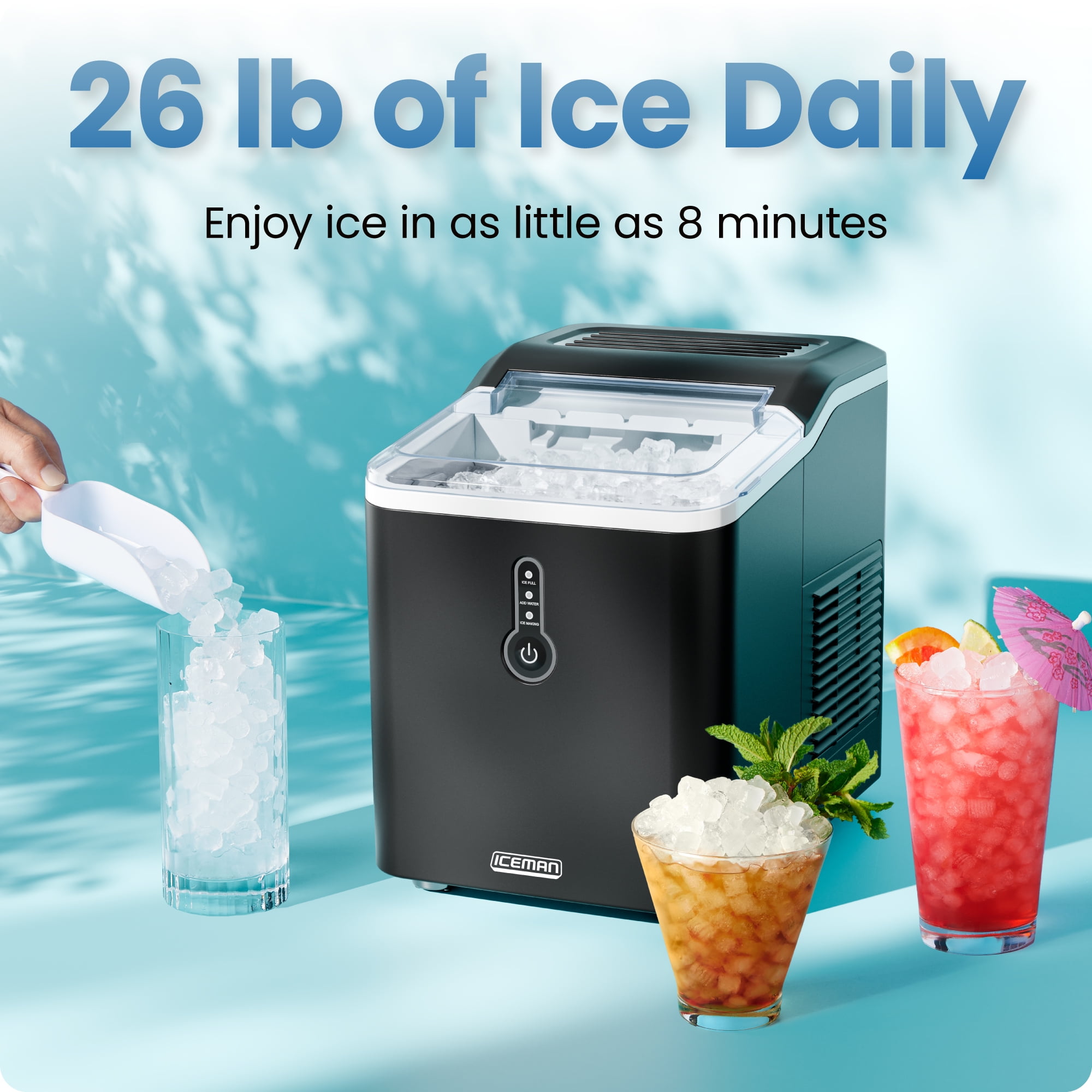 Iceman by Chefman Compact Nugget Ice Maker Machine, 26 lb in 24 Hours, Ice in 6 Minutes - Black