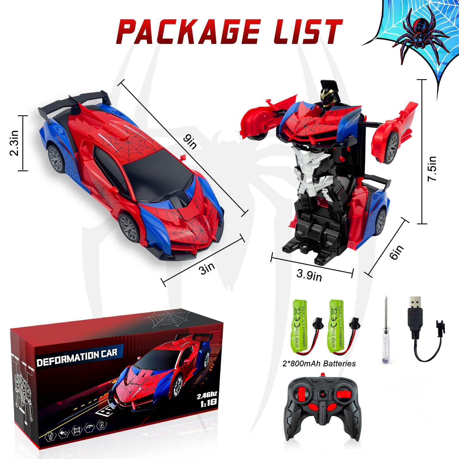 Spider Remote Controls Car, 1:18 Scale Transformer Robot Toy with 2.4GHz One-Button Deformation and 360° Rotation, RC Vehicle Gift for Boys Ages 3-12