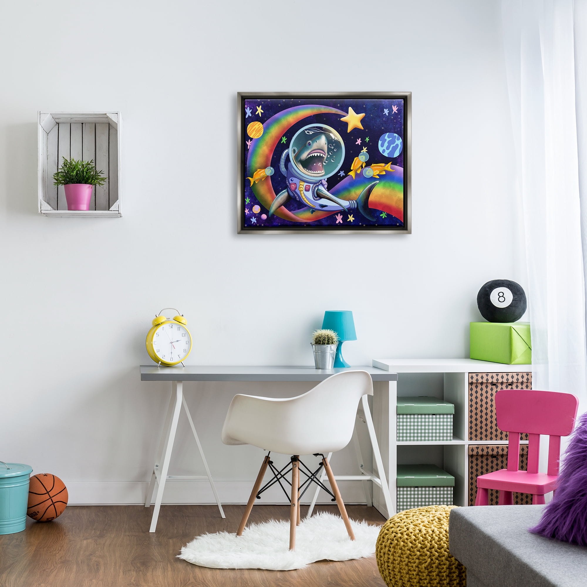 Stupell Industries Shark in Outer Space Animals & Insects Painting Gray Floater Framed Canvas Art Print Wall Art, 31 x 25
