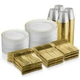 thumbnail image 1 of 600 Piece Gold Dinnerware Set - 100 Gold Rim 10 inch Plastic Plates 100 Gold Rim 7 Inch Plates -300 Gold Plastic Silverware - 100 Gold Plastic Cups - 100 Guest Disposable Gold Dinnerware Set, 1 of 1