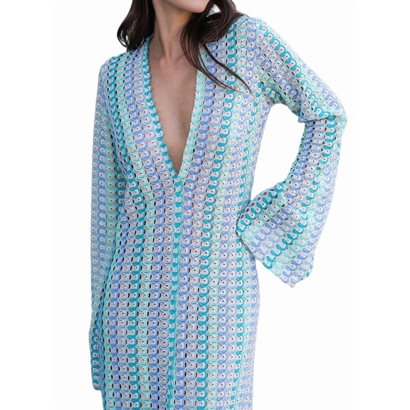 Womens Crochet Bell Long Sleeve V Neck Loose Maxi Dress Boho Eyelet Long Sundresses with Slit S