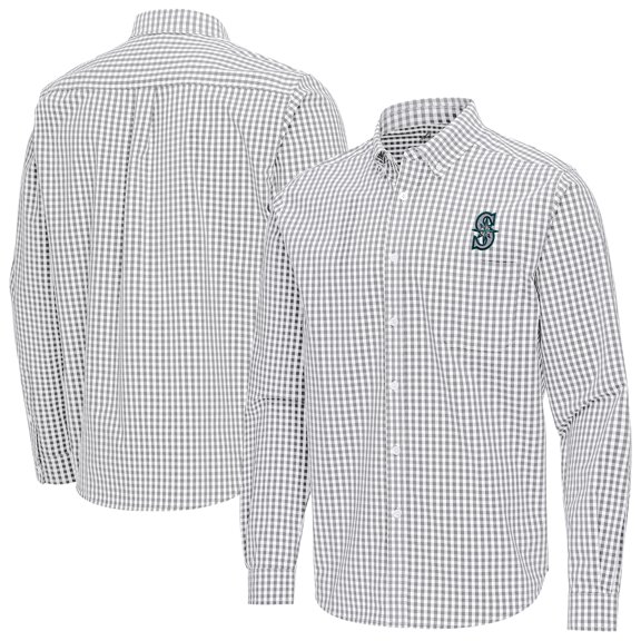 Men's Antigua Gray Seattle Mariners Ellis Woven Tri-Blend Button-Down Shirt