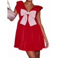thumbnail image 3 of Women Babydoll Dress Tie Embellished Fly Sleeve Dresses A-Line Ruffle Flowy Short Dress Red M, 3 of 10