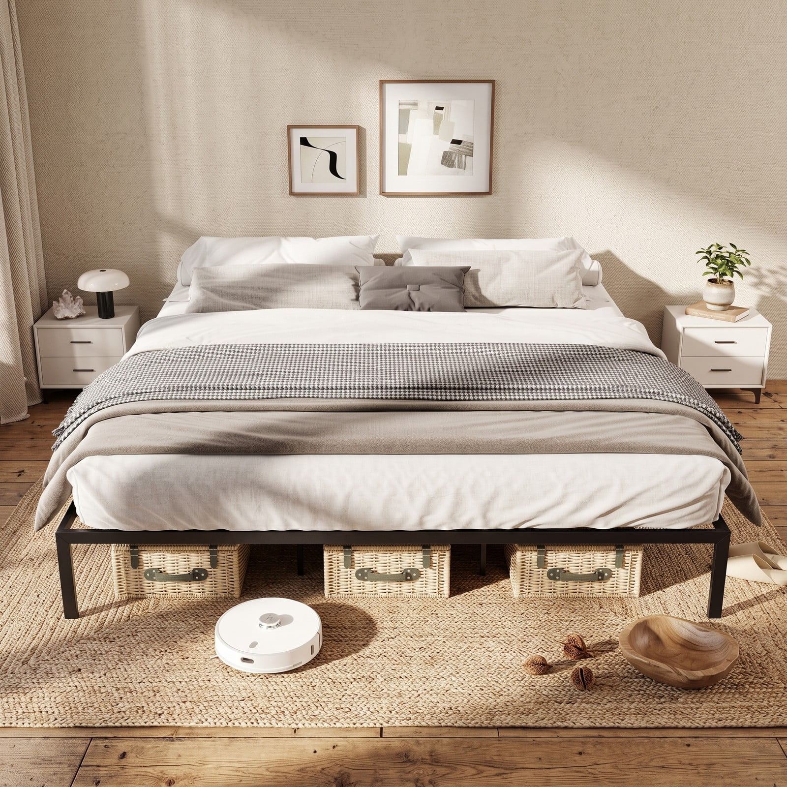 Furnibear Queen Metal Bed Frame Platform Bed with Heavy Duty Steel Slats and Reinforced Center Legs for Guest Room, Black
