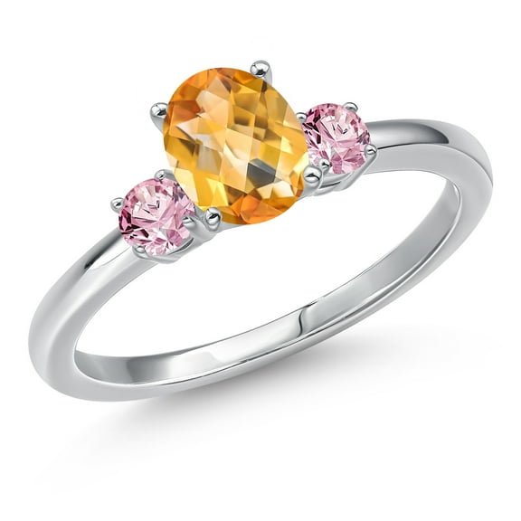 Gem Stone King 14K White Gold Yellow Citrine and Pink Lab Grown Diamond Engagement Ring for Women | 0.99 Cttw | Oval Checkerboard 7X5MM | Gemstone November Birthstone | Size 5