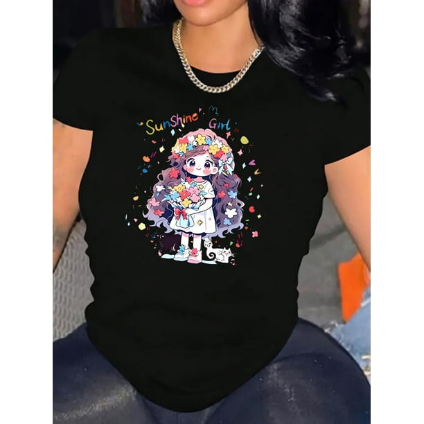 Camiseta básica para mujer veranoWomen's Sunshine Girl Graphic Tee - Black Casual Crew Neck Short Sleeve T-Shirt with Floral Illustration, Comfortable Summer Top for Casual Attire, Playful Graphic T