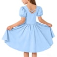 thumbnail image 6 of MKOSPLRT Girls Puff Short Sleeve Summer Dress Kids Casual Crew Neck Cross Back A-Line Dresses Solid Knee Length Dress Blue 14-15 Years, 6 of 8