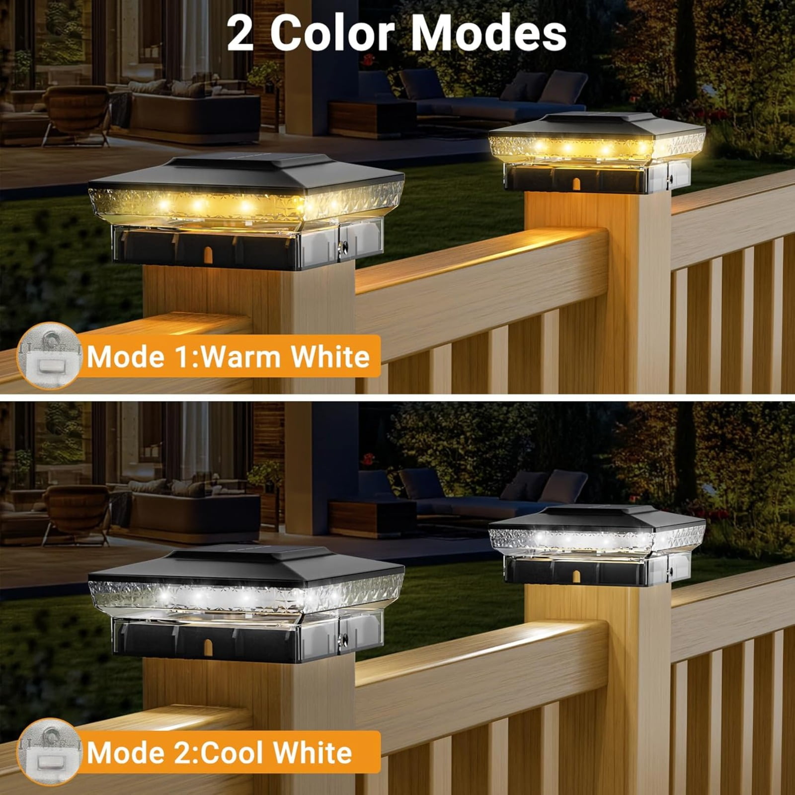 8 Pack Solar Post Cap Lights, 4x4 Outdoor Fence Lighting with 16 LED and 2 Modes, Waterproof Easy Install for Wood and Vinyl Posts, for Porch, Patio and Deck