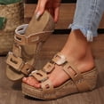 thumbnail image 3 of Rokment Women's Cork Footbed Platform Slides Sandals Stylish Casual Leather Cut out Chunky Wedge High Heels Backless Slip on Dress Slippers for Ladies Summer Khaki Size 6, 3 of 7