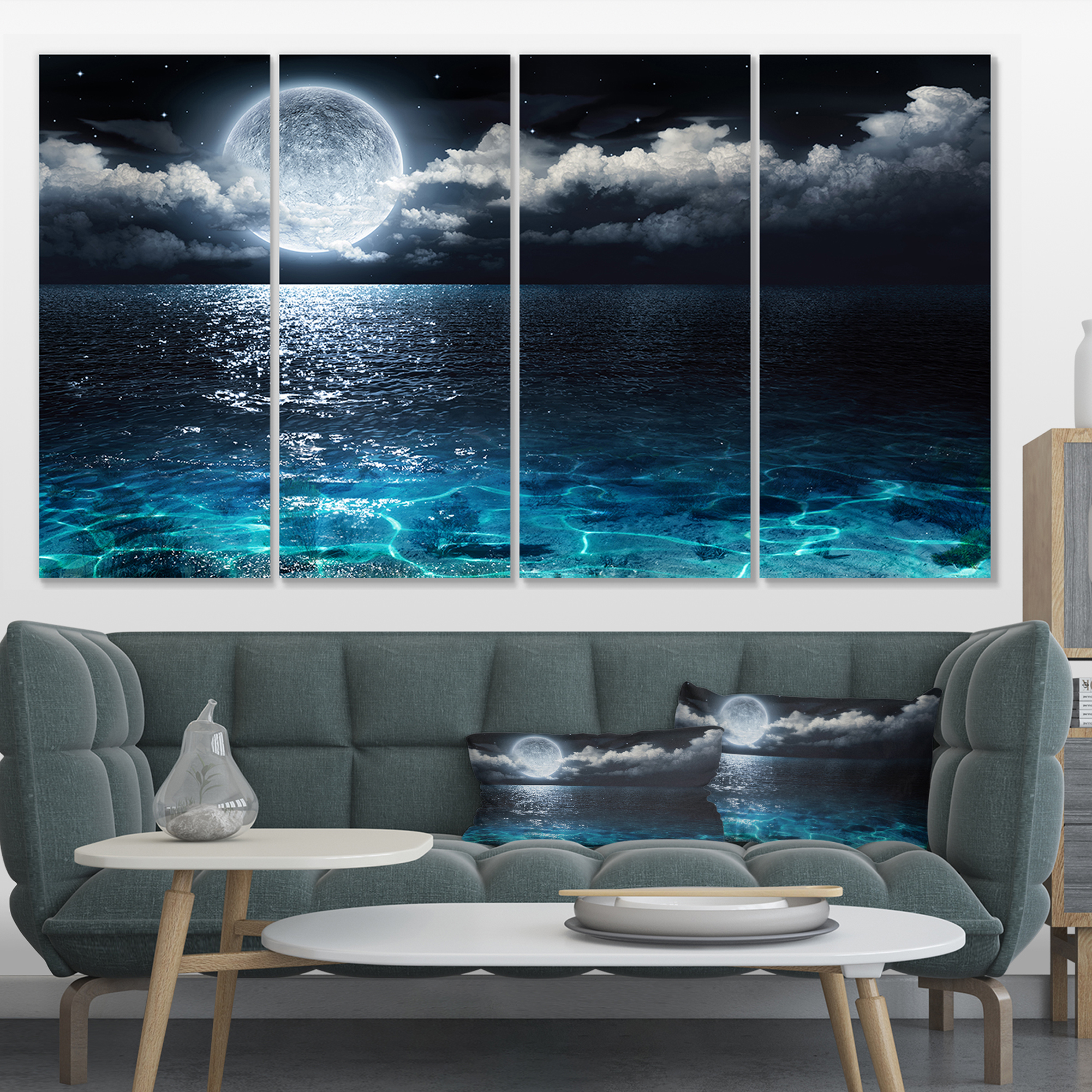 Designart 'Romantic Full Moon Over Sea ' Seascape Canvas Art Print