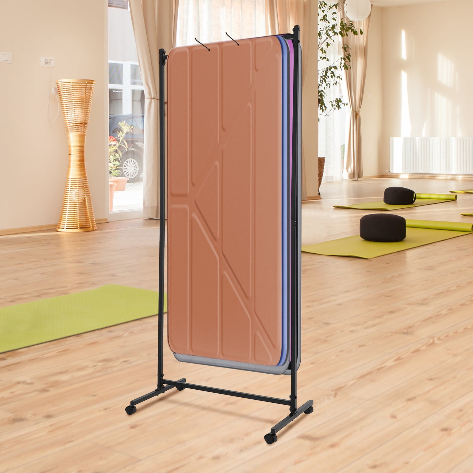 185cm Yoga Mat Holder Hanging Iron Yoga Mats Storage Rack w/ Double Sided Hooks for Yoga Studio