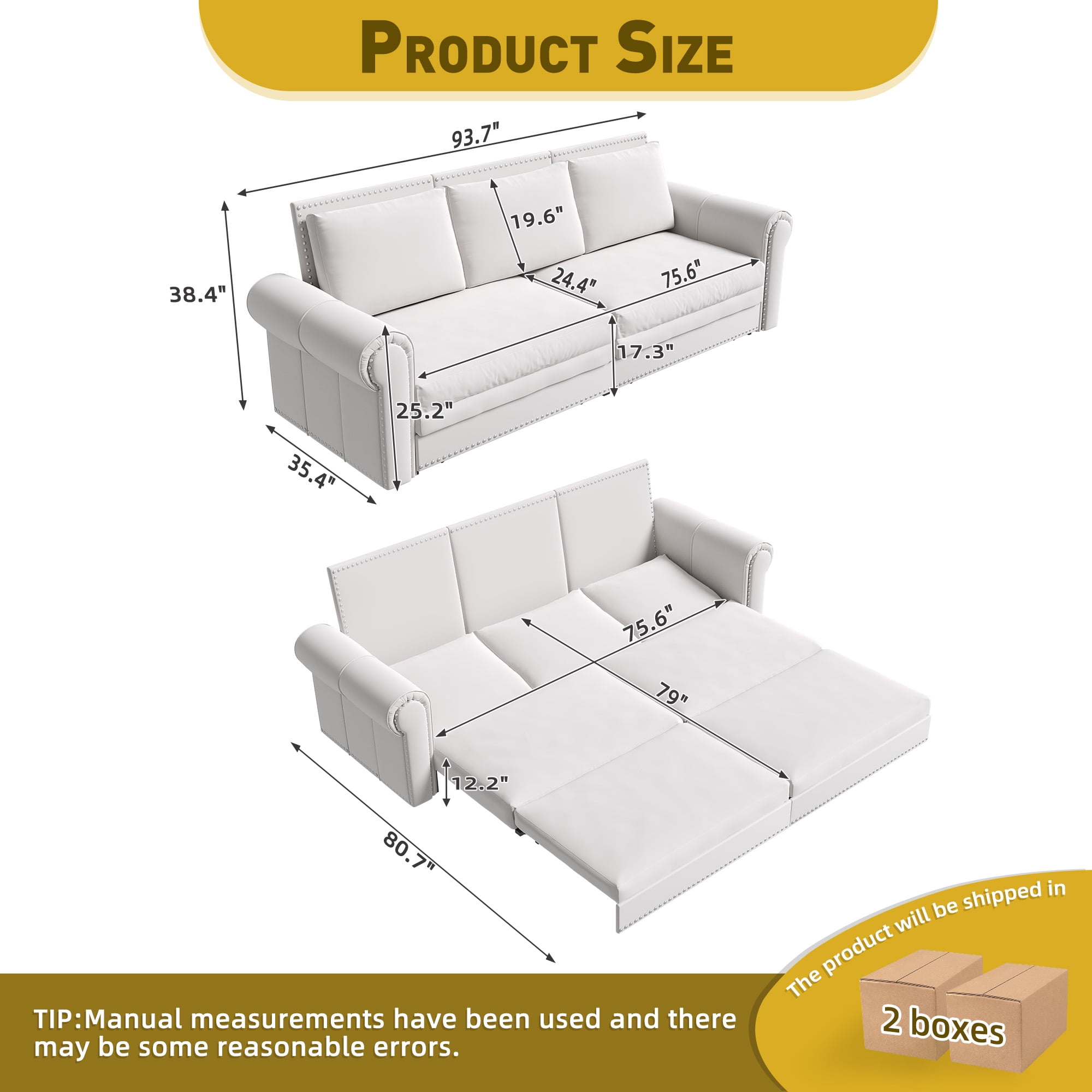 3-in-1 Convertible Velvet Sofa Bed, King Size Pull Out Sleeper Couch, White