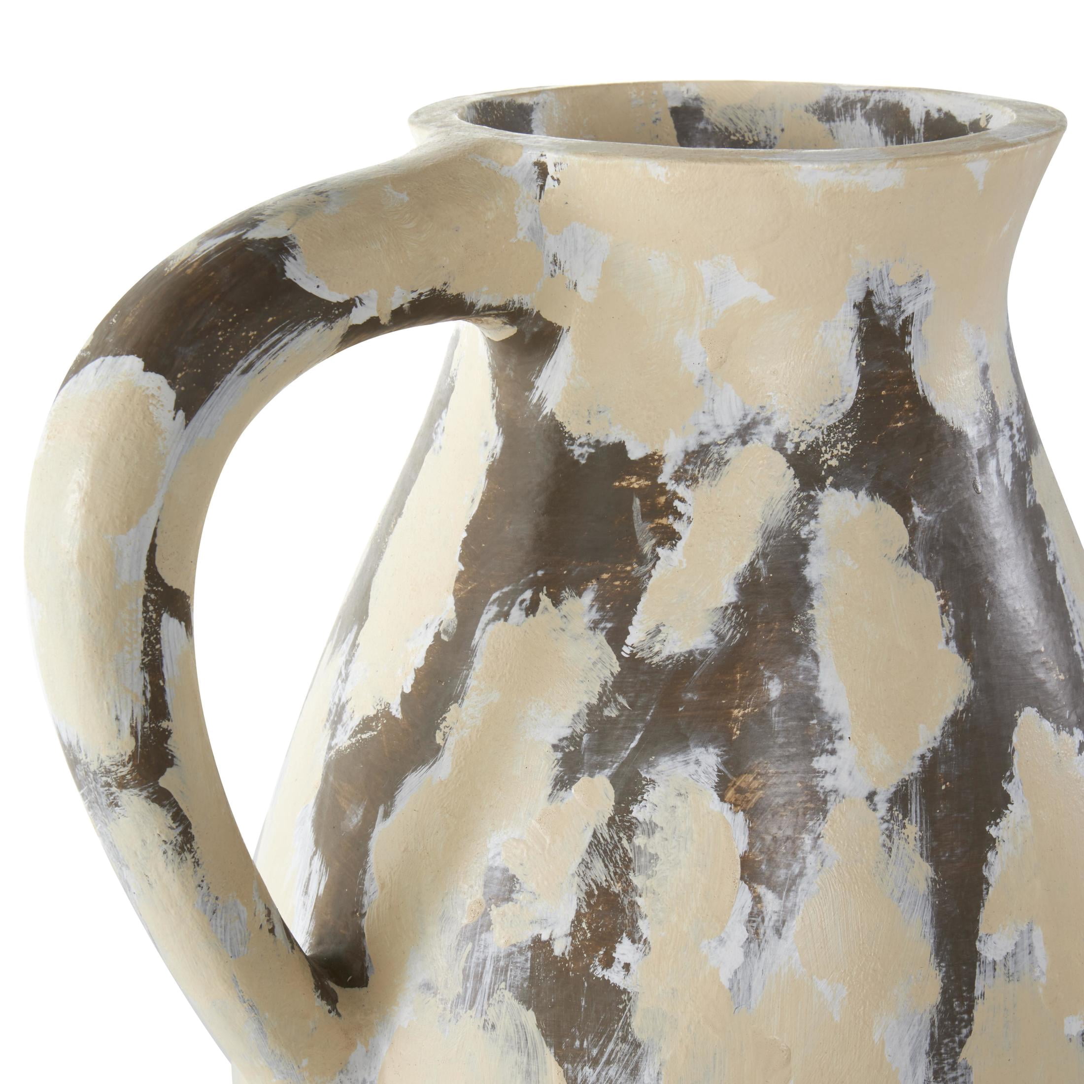 DecMode 19" Antique Style Pot Cream Ceramic Vase with Curved Handle