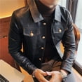 thumbnail image 2 of Chaqueta de motociclista de cuero de otoño e invierno para hombre, estilo rufián, elegante, versión pequeña, entallada, de cuero PU con botones para hombre, 2 of 6